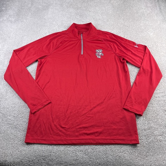 Wisconsin Badgers Sweater Mens Large Red Under Armour Lightweight Zip Pullover - Picture 1 of 12